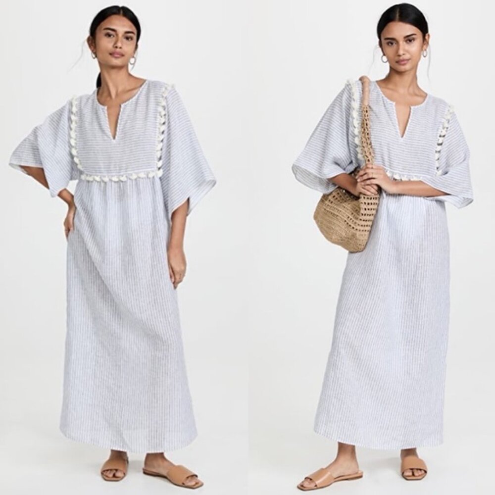 Tory Burch Women's XS Striped Tassel Midi Caftan MSRP $328 Dress In Ivory Blue
